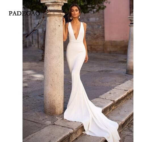 Elegant Mermaid Long V Neck Simple Evening Dress Sleeveless Sweep Train Evening Dresses Custom Made Vestido de noche