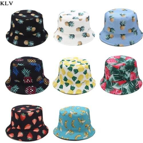 Unisex Summer Two Sides Wear Reversible Bucket Hat Bohemian Pineapple Watermelon Fruits Printing Foldable Vacation Fisherman Cap