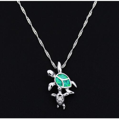 Kiwi Green Fire Opal Sea Turtle Baby and Mom Pendant Necklace Gift