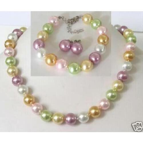 Hot sale new Style >>>>12mm multicolor shell pearl necklace bracelet Earring Set