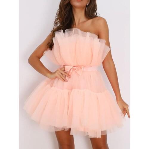 Fashion Pink Short Women Dresses Off The Shoulder A-line Mini Party Dress Ruffles Bow Sweet Dress Summer