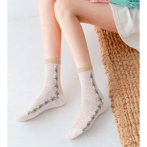 Fashion Women Socks 2021 New Spring Summer Mesh Long Socks Girls Women Casual Print Breathable Fresh Flower Socks Korea Style