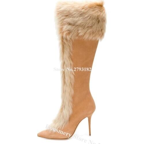 Fashoion Women Winter Pointed Toe Suede Leather Knee High Fur Boots Brown Beige Warm Stiletto Heel Long Boots Slim Boots