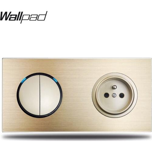 Wallpad L6 Gold 2 Gang Light Switch Blue LED Indicator French Electric Outlet Wall Socket Gold Brushed Aluminum Metal Panel