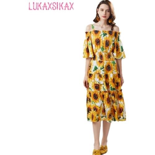 LUKAXSIKAX 2021 New Summer Women Sweet Floral Slim Long Dress Sexy Off Shoulder Big Hem Beach Vacation Strap Dress