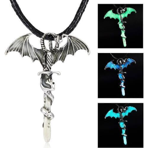 Retro Dragon Glow In The Dark Necklace Rope Chain Mens Ancient Dragon Sword Cross Pendants Punk Luminous Choker Jewelry Gifts