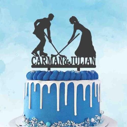 Personalized Ice Hockey Wedding Cake Topper Custom Couples Name Bride and Groom Playing Ice Hockey Silhouette Wedding Toppers