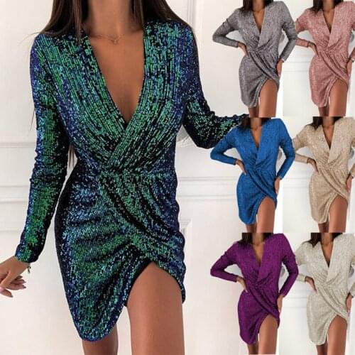 Women Plus Sizel Long Sleeve Slim Club Glitter Party Dress Female Mini Autumn Dresses Sexy V-neck Shiny Bodycon Dress