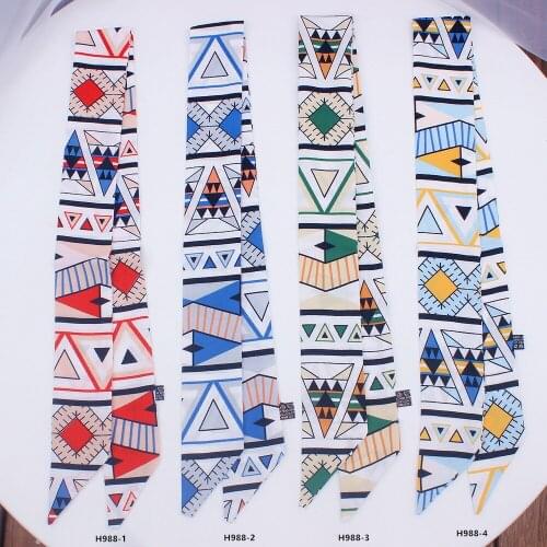 2019 New small slender narrow long small silk scarf tied bag handle scarves small ribbon skinny geometry print silk scarves