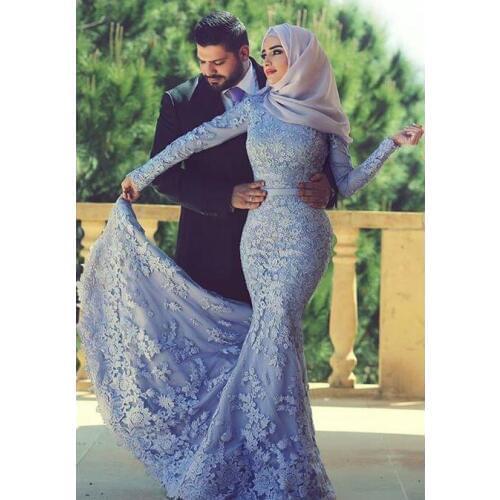 Blue Muslim Evening Dresses Mermaid Long Sleeves Appliques Lace Scarf Islamic Dubai Saudi Arabic Long Elegant Evening Gown