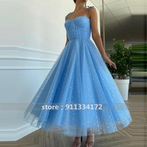 Blue Princess Prom Dresses Sparkly Starry Tulle Strapless Short Prom Gowns Pleated Tea-Length A-Line Formal Party Gowns