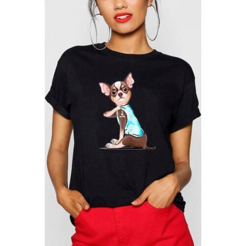 Women T Shirt Tattoo Chihuahua I Love Mom Cotton Tshirt Camisetas Mujer Femme T-shirts 90s Girls Pink Tops Streetwear White Top