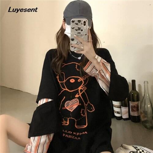 Black White Haraju Lady T Shirt Autumn Women Cartoon Bear Print Striped Sleeve Spliced T-shirt Y2k Street Fake-two-pieces Tops