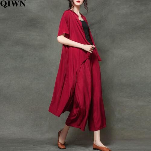 Plus Size 2 Piece Sets Suit Female Elegant Office Lady Tops Shirts Cardigan Big Size Simple Loose Long Pants Sets Women Clothing