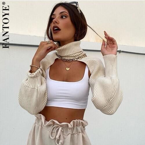 Fantoye Rib Knit Turtleneck Short Sweater Women Autumn Fashion Long Sleeve Pullover Female Casual Sexy Solid Sweater Sreetwear