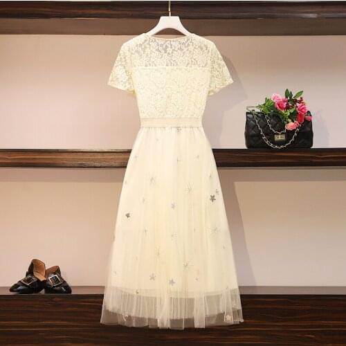 Vestidos Dress Women Slim Lace Patchwork Cutout Gauze Short Sleeve O-neck Knee-length A-line Robe Vadim Plus Size