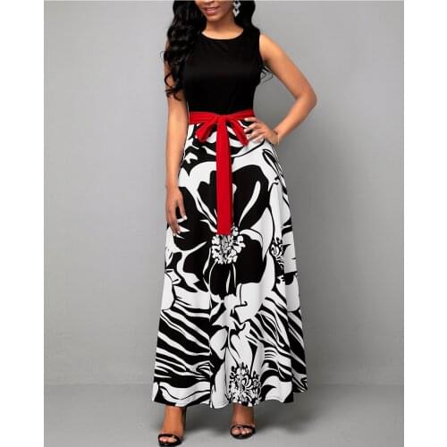 Women Summer 2021 Fashion Sexy Sleeveless A-line Maxi Dress Vintage O-neck Sashes Solid Patchwork Print Elegant Dress Vestidos