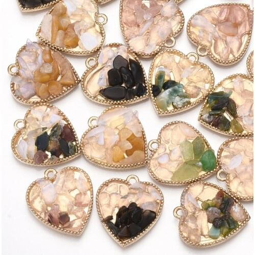 5pcs Natural Stone Chips Heart Pendants Mixed Color,with Alloy Findings, Light Gold Color,22x20x5mm, Hole: 1.8mm