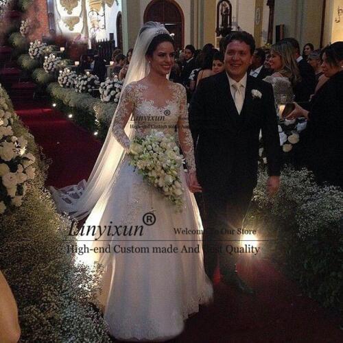 Princess 2020 White Lace Wedding Dresses Illusion Long Sleeves Sexy Back Ball Gown Wedding Dresses Plus Size Vestidos De Noiva