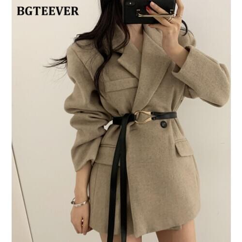 BGTEEVER Elegant Thick Loose Female Woolen Blazer 2020 Winter Belted Sashes Women Warm Suit Coats Double Button Ladies Jackets