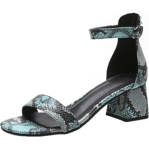 Block Heel Ankle Strape Women Snake Leopard Summer Open Toe Sandals