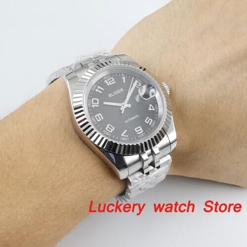 39mm bliger mens watch black dial luminous mark date sapphire glass miyota Automatic movement watch BA224