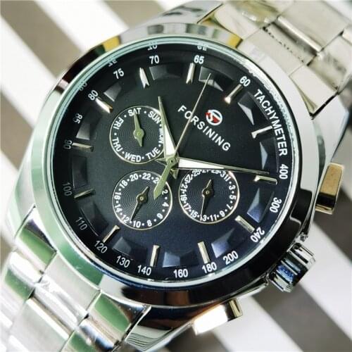 Forsining Black Mens Self-Wind Mechanical Automatic Watch For Men 3 Dial Calendar Clock Business Stainless Steel Belts Wristwat