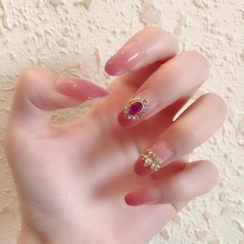 24pcs/set latest pink color metal gems elegant Acrylic resin full cover False Nail resin Fake Nails art Tips Sticker with GLUE