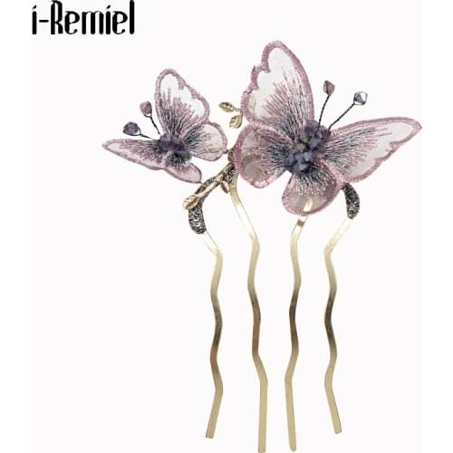 Elegant Headdress Hair Combs Romantic Embroidery Fabric Hairpin Double Butterfly Fashion Comb Hair Accessories for Bride Jewelry