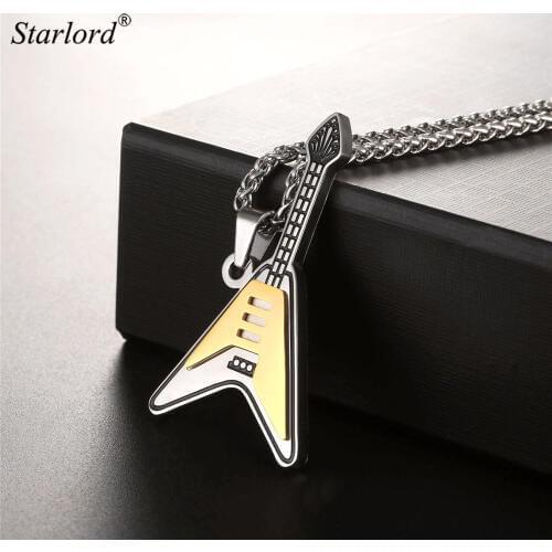 Electric Guitar Pendants&Necklaces Two Tone Enamel Stainless Steel Necklace Chain For Men Punk Rock Music Necklace GP2533
