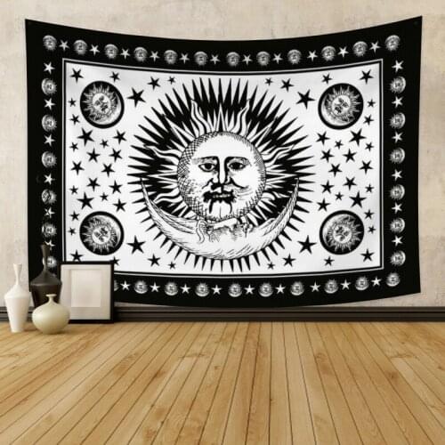 Black Sun and Moom Print Tapestry Vintage Exotic Summer Plant Nature Frame for Bedroom Photography Wall Decor