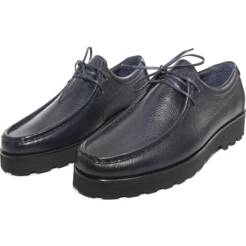 SHENBINS Handmade Classic Dark Blue Derby Shoes with Height Increasing Extra Light EVA Soles, Real Leather, Fashion Footwear