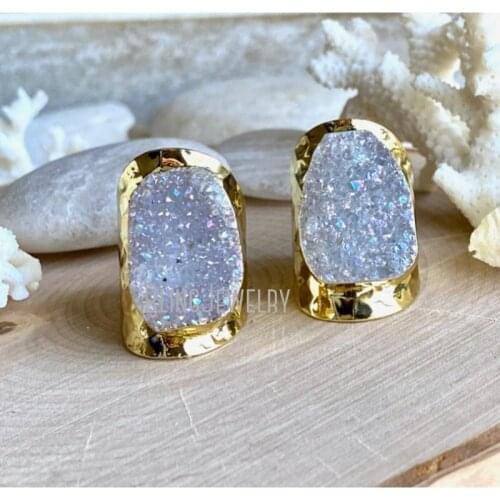 Raw Druzy Statement Stone Ring Raw Crystal Ring Druzy Wide Band Titanium Druzy Cocktail Ring Adjustable Cuff Ring RM38713