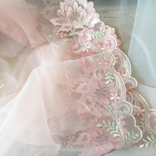 Delicate Pink Embroidery Lace Trim with Silver Thread Soft Netting Tulle Fabric Trim Doll Dress DIY Craft 21cm Wide