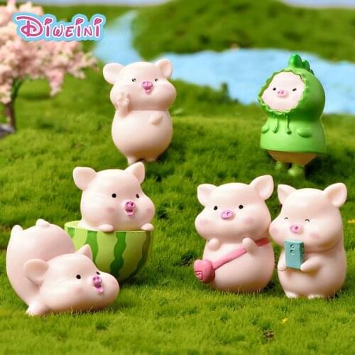 7pcs Milk Watermelon Cute Pig Action Figure Cartoon Animal Model Figurine Birthday Cake Decoration Toy Set Doll House Gift Kids