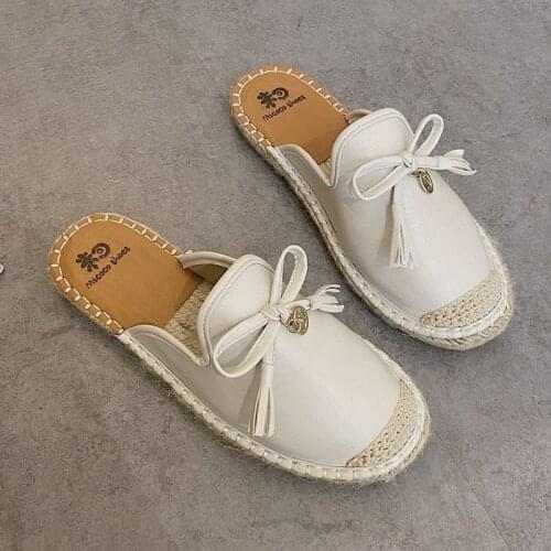 2021 Spring Summer Women Mules Shoes Brand Slippers Fashion Round Toe Bowknot Baotou Straw Plaited Article Fisherman Slippers