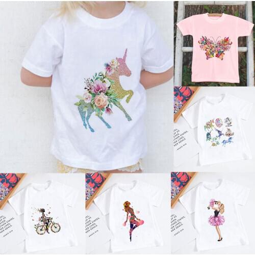 New Arrival 2021 Girl Outfits Painted Unicorn Plant Print Boy Girls T-shirt Clothes Kids Baby Novelty Tshirt Casual Short Sleeve