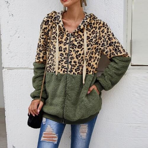 Autumn Winter Sweatshirts Women Hooded Leopard Hoodies Casual Zipper Long Sleeve Hoodie Fashion Top Warm Coat V-F