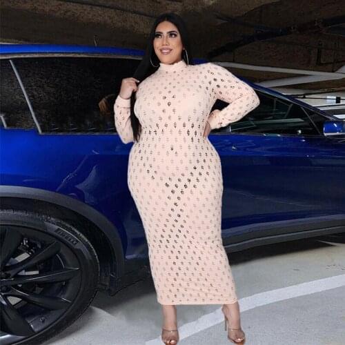 Dress Women Plus Size Dresses Lace Long Sleeve Hollow Out Stretch Mesh Dress Bodycon Sexy Streetwear Wholesale Dropshipping