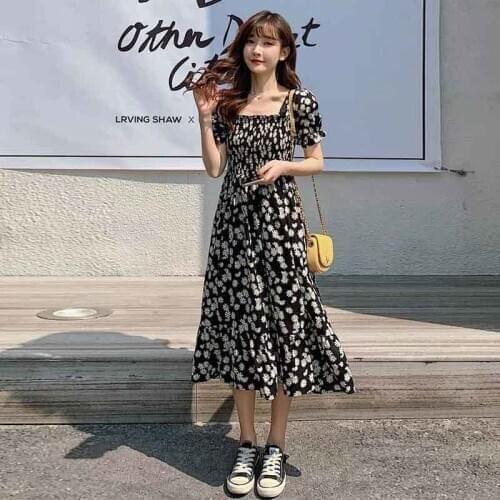 Floral Chiffon Dresses Plus Size Womens Summer Square Collar High Waist Elegant Daisy Print Dress Black Midi Lacing A-Line Dress