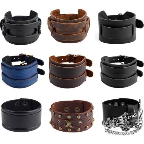 Chanfar Hot selling Fashion Punk Rivet Wide Leather Bracelets For Men Women Cuff Vintage Rock Jewelry
