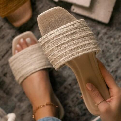 Women Summer Mesh Weave Square Toe Slippers Woman 2021 Casual Flats Female Comfortable Beach Shoes Ladies Big Size Footwear