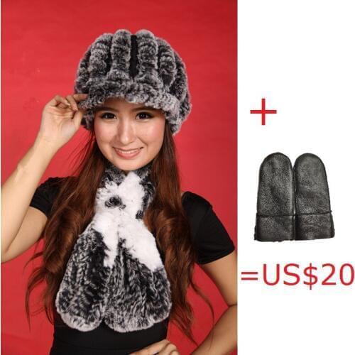 Warm ladies genuine sheepskin leather with fur mitten women winter warm set of real rex rabbit fur hat with floral scarf H160