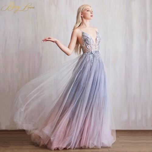 Fading Tulle Evening Dress Colorful Illusion Bodice Bead A line Sexy V Neck Evening Gown Long Prom Train Robe De Soire Rainbow