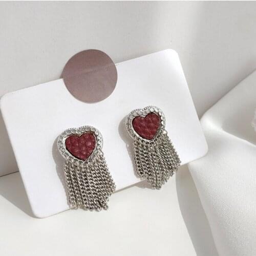 Vintage Copper Chains Love Heart Drop Earrings For Women Korean Red Leather Gold Color Metal Dangle Earrings Trendy Jewelry 2021