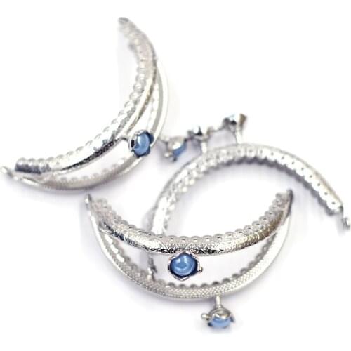 Silver Tone Ruffled Arch Kiss Clasps Clips Lock Coins Purse Frame Clutch Handle Blue Resin Lotus Flower Head 8.5cm DIY Hardware