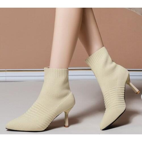 Rimocy Elastic Knitted Thin Heels Ankle Boots for Women Fashion Pointed Toe High Heel Sock Boots Woman Slip on Botines Mujer