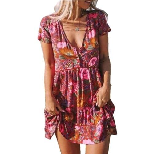 Women Summer Dresses 2021 Sexy Deep V Neck Buttons Up Floral Print Boho Beach Dress Ruffle Short Sleeve A Line Mini Casual Dress