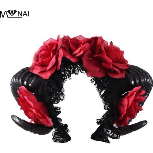 Goth RAM Horns Headband Cosplay Hair accessories Red Flowers Costumes Gothic Headdress Halloween Party Accessories Steampunk