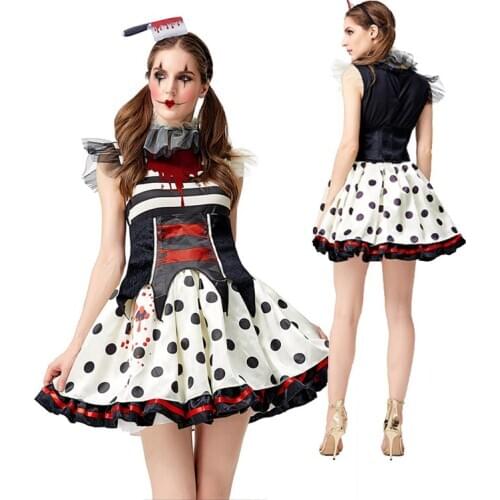 Lady Carnival Halloween Circus Clown Costume Crazy Zombie Bloody Mary Spot Clown Cosplay Fancy Dress Party